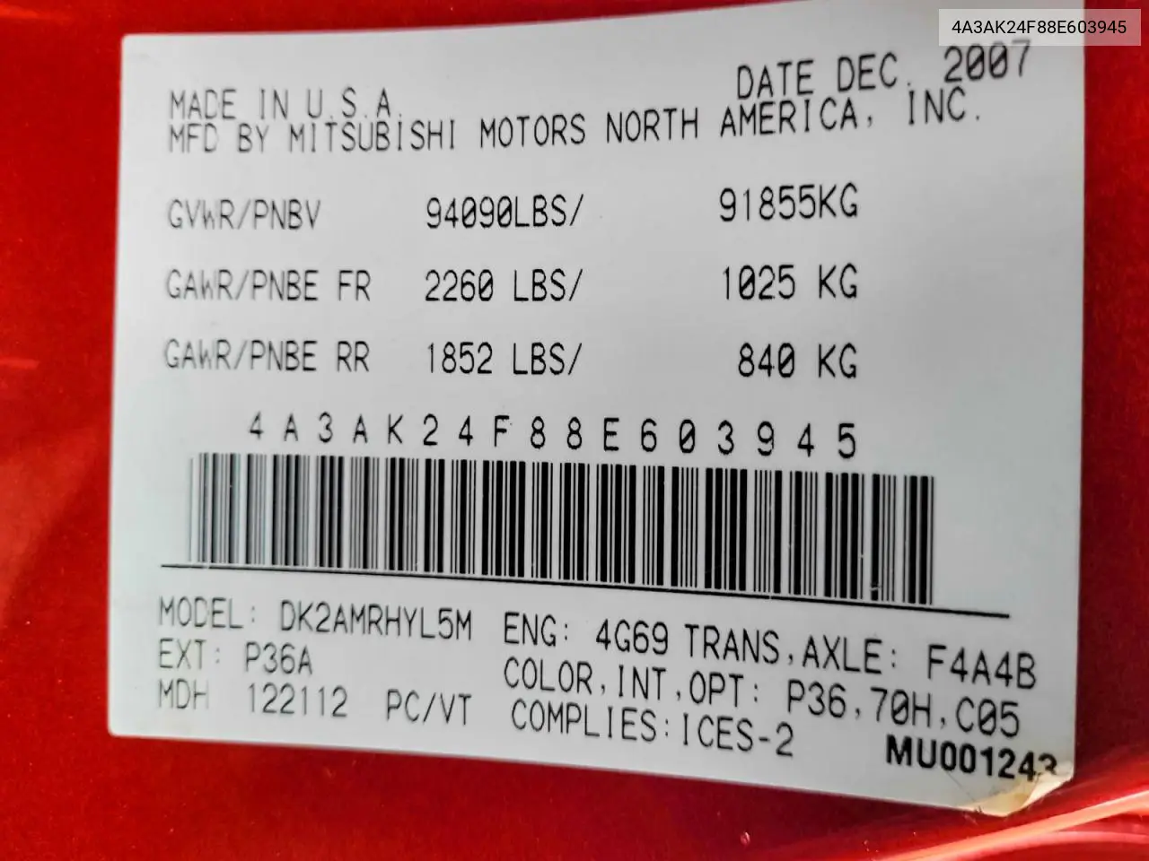 2008 Mitsubishi Eclipse Gs VIN: 4A3AK24F88E603945 Lot: 57969646