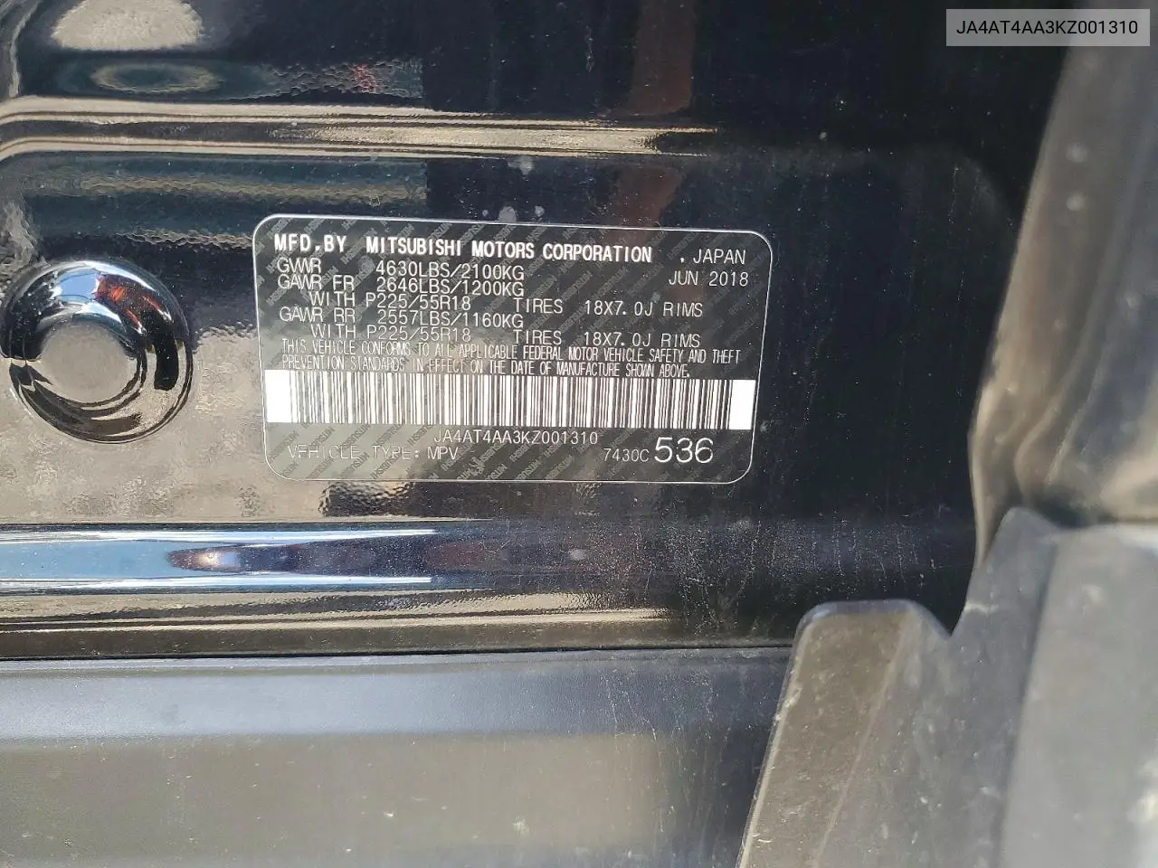 2019 Mitsubishi Eclipse Cross Le VIN: JA4AT4AA3KZ001310 Lot: 55008716