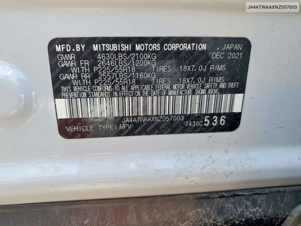 2022 Mitsubishi Eclipse Cross Se VIN: JA4ATWAAXNZ057003 Lot: 59249106