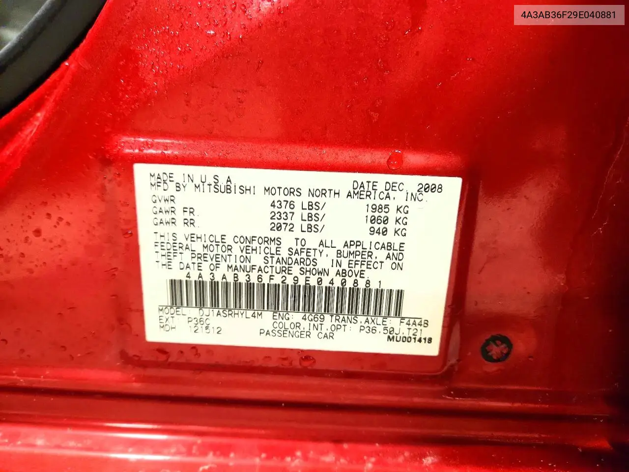 2009 Mitsubishi Galant Es VIN: 4A3AB36F29E040881 Lot: 41733266