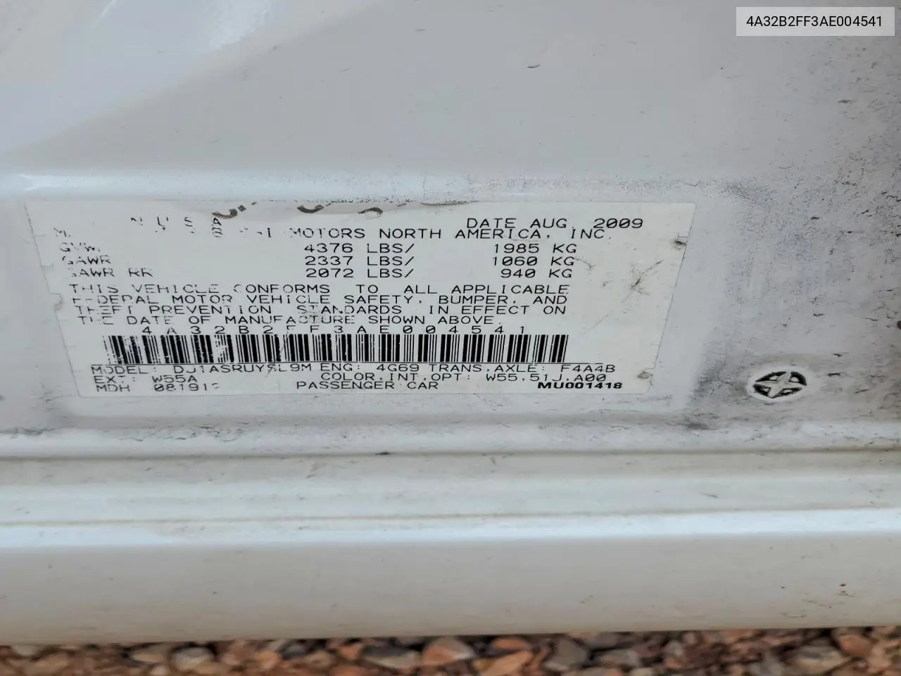 2010 Mitsubishi Galant Fe VIN: 4A32B2FF3AE004541 Lot: 78413115