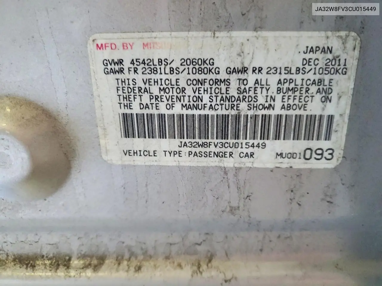 2012 Mitsubishi Lancer Evolution Gsr VIN: JA32W8FV3CU015449 Lot: 57692606