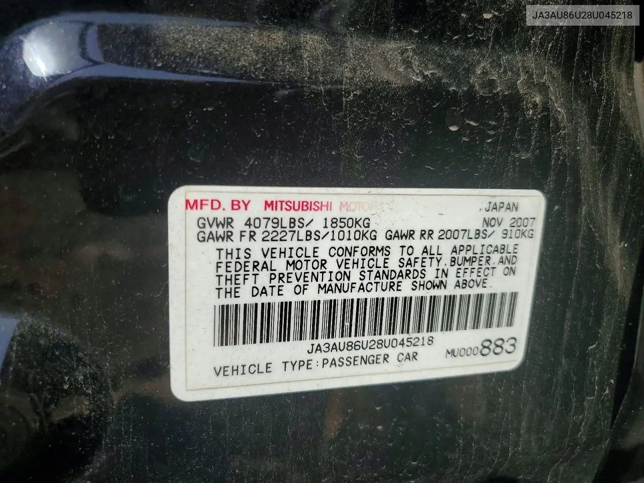 2008 Mitsubishi Lancer Gts VIN: JA3AU86U28U045218 Lot: 58953626