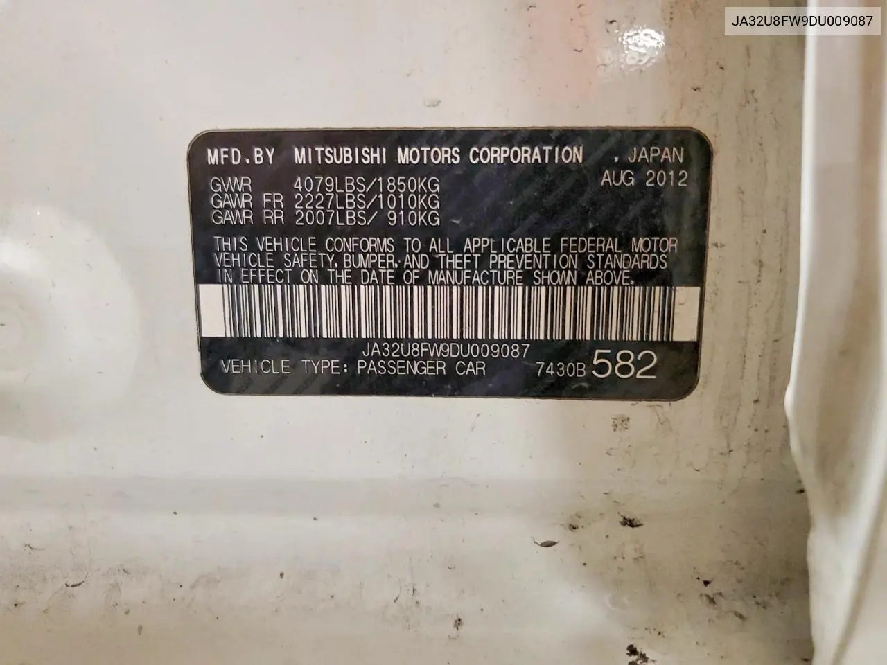 2013 Mitsubishi Lancer Gt VIN: JA32U8FW9DU009087 Lot: 57128066