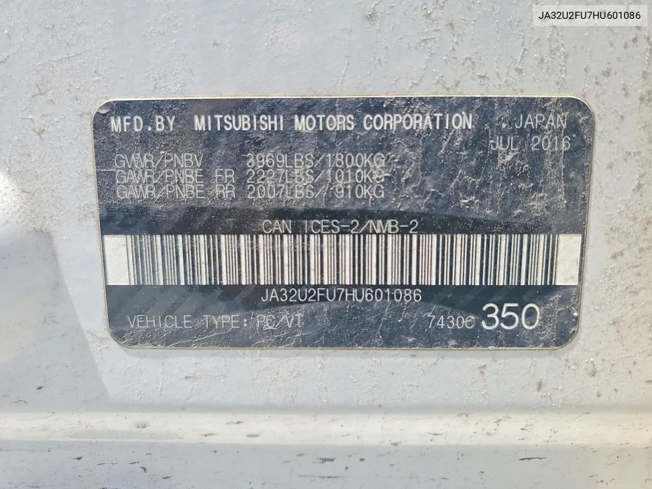2017 Mitsubishi Lancer Es VIN: JA32U2FU7HU601086 Lot: 59854986
