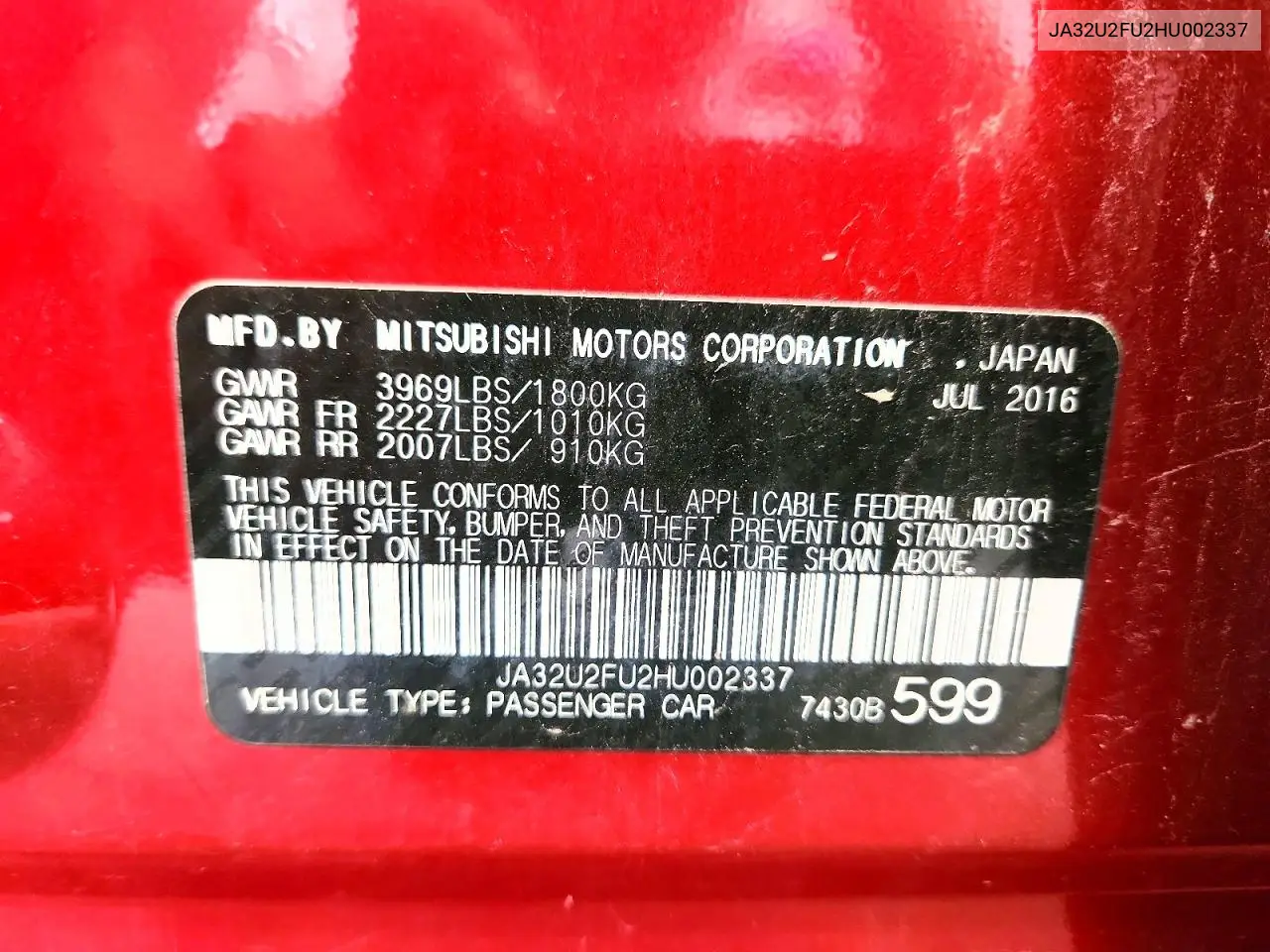 2017 Mitsubishi Lancer Es VIN: JA32U2FU2HU002337 Lot: 61294636