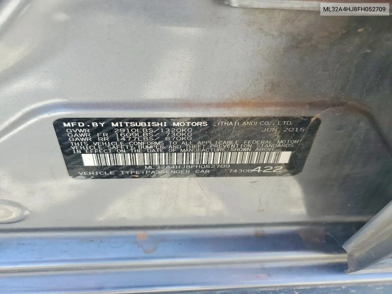 2015 Mitsubishi Mirage Es VIN: ML32A4HJ8FH052709 Lot: 60721006