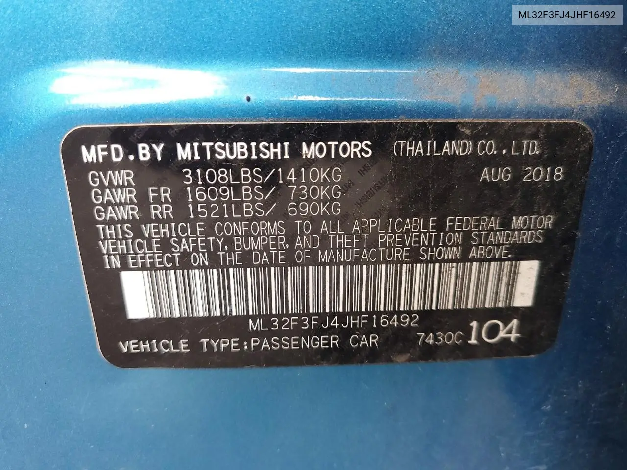2018 Mitsubishi Mirage G4 Es VIN: ML32F3FJ4JHF16492 Lot: 57422196