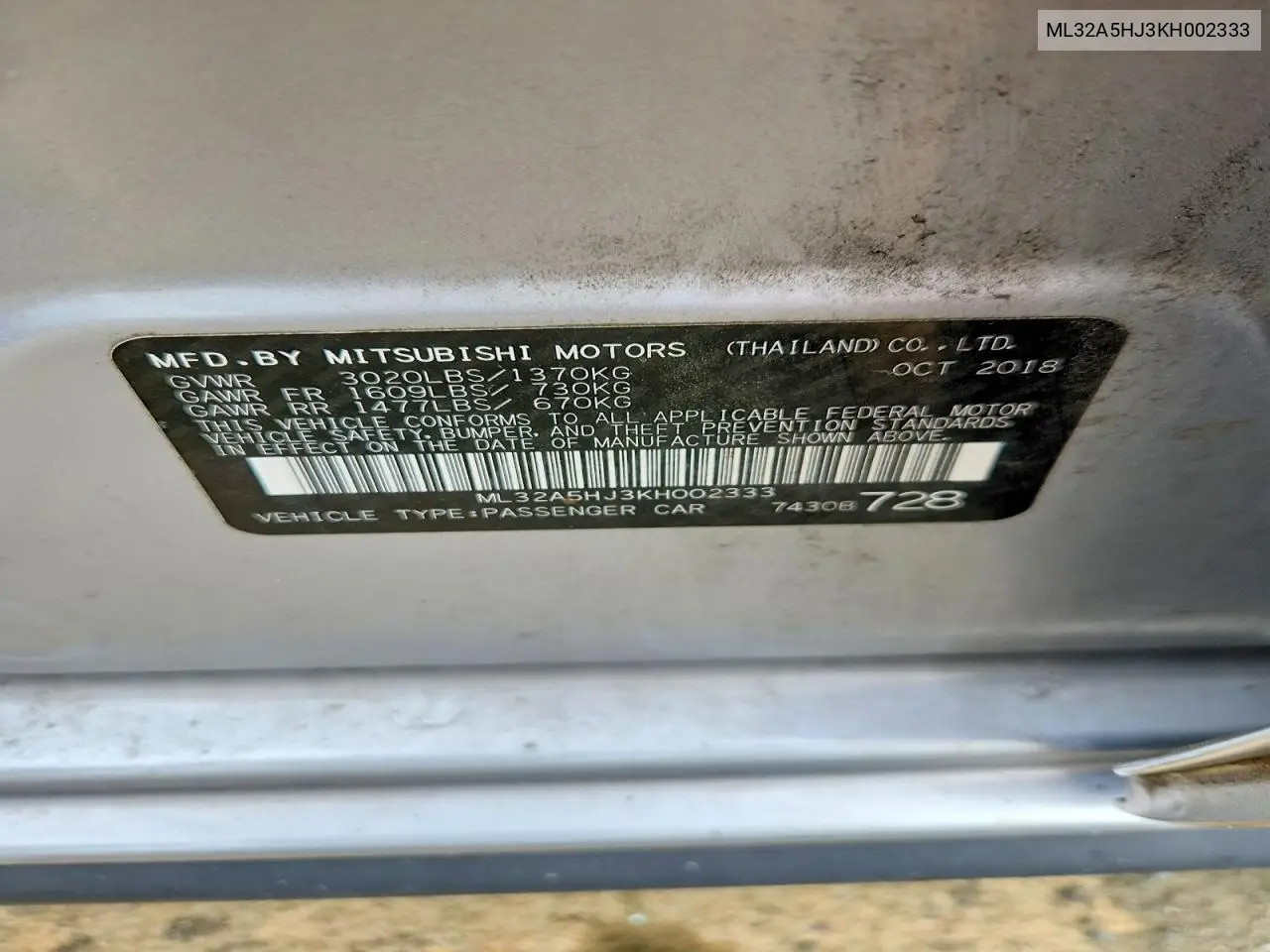 2019 Mitsubishi Mirage Le VIN: ML32A5HJ3KH002333 Lot: 59106716