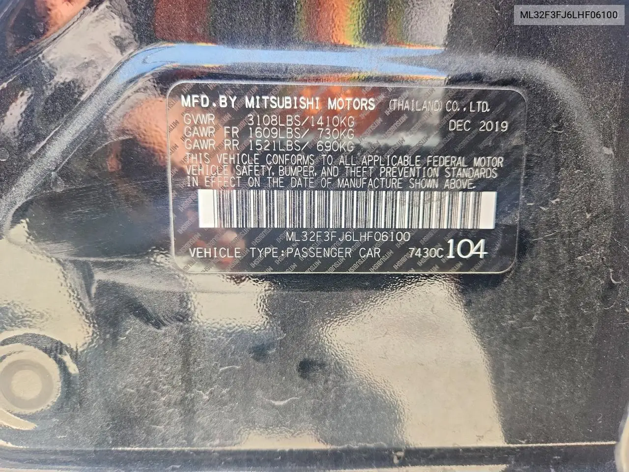 2020 Mitsubishi Mirage G4 Es VIN: ML32F3FJ6LHF06100 Lot: 57538096