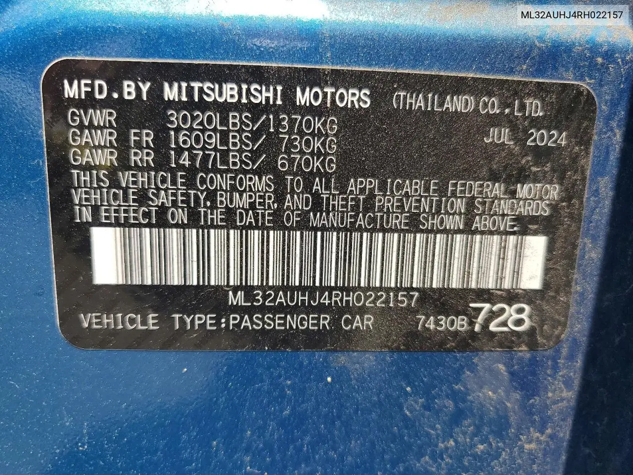 2024 Mitsubishi Mirage Es VIN: ML32AUHJ4RH022157 Lot: 56315276