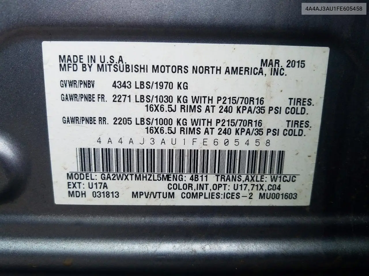2015 Mitsubishi Rvr Se VIN: 4A4AJ3AU1FE605458 Lot: 49311336