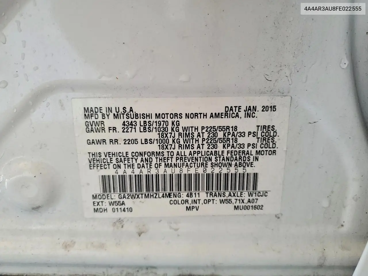 2015 Mitsubishi Outlander Sport Es VIN: 4A4AR3AU8FE022555 Lot: 61488036