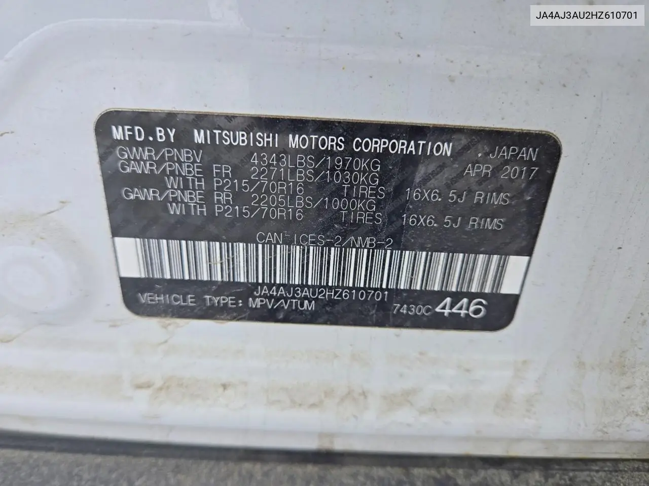 2017 Mitsubishi Rvr Se VIN: JA4AJ3AU2HZ610701 Lot: 47322326