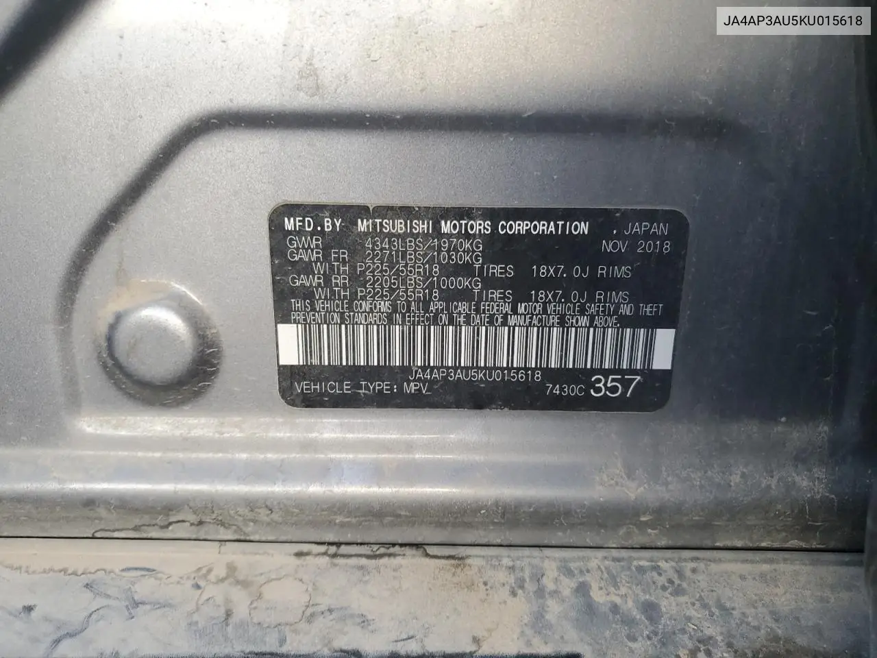 JA4AP3AU5KU015618 2019 Mitsubishi Outlander Sport Es