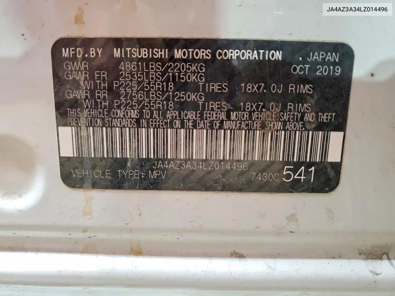 2020 Mitsubishi Outlander Se VIN: JA4AZ3A34LZ014496 Lot: 61243936