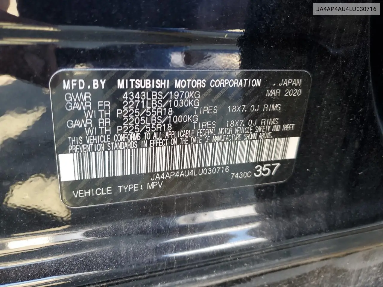 JA4AP4AU4LU030716 2020 Mitsubishi Outlander Sport Se