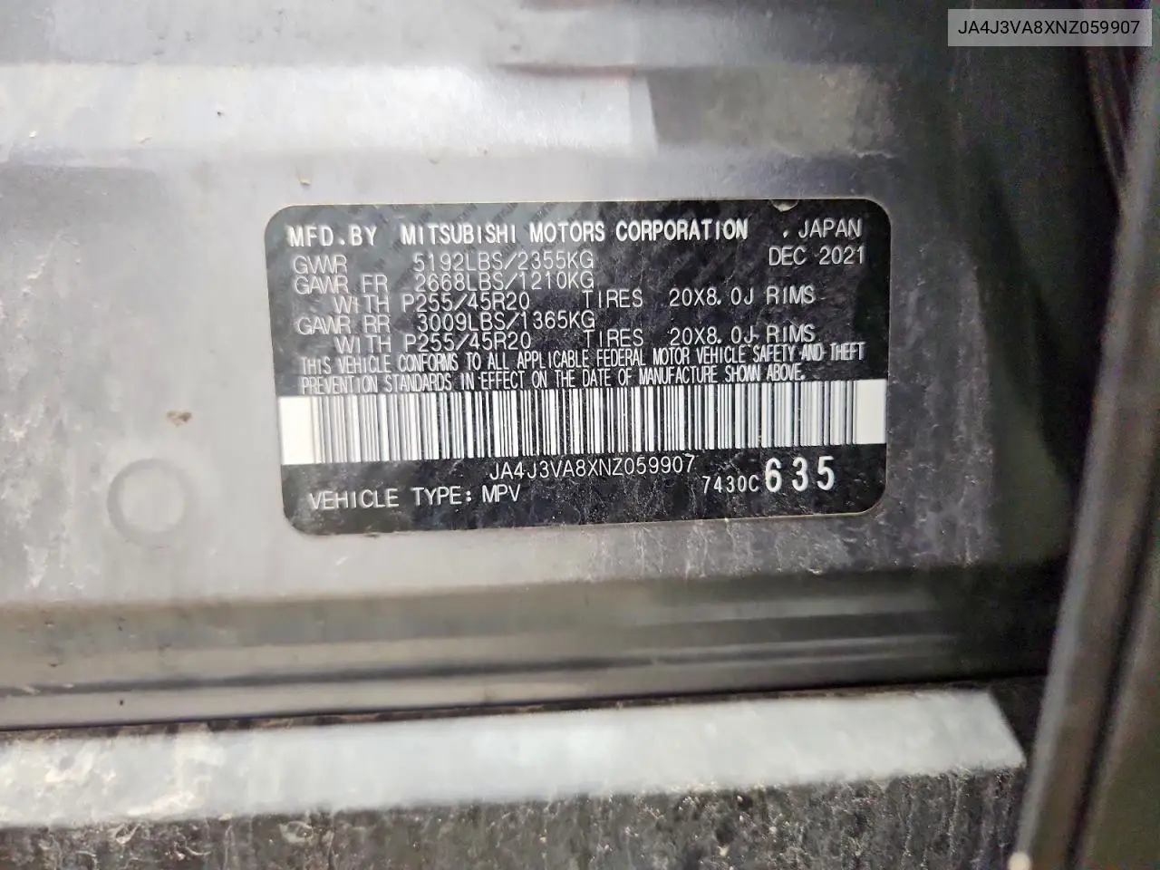 2022 Mitsubishi Outlander Sel VIN: JA4J3VA8XNZ059907 Lot: 62037286
