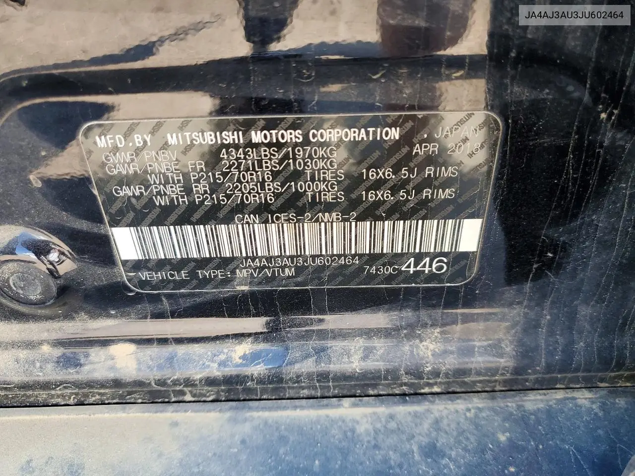 2018 Mitsubishi Rvr Se VIN: JA4AJ3AU3JU602464 Lot: 61800756