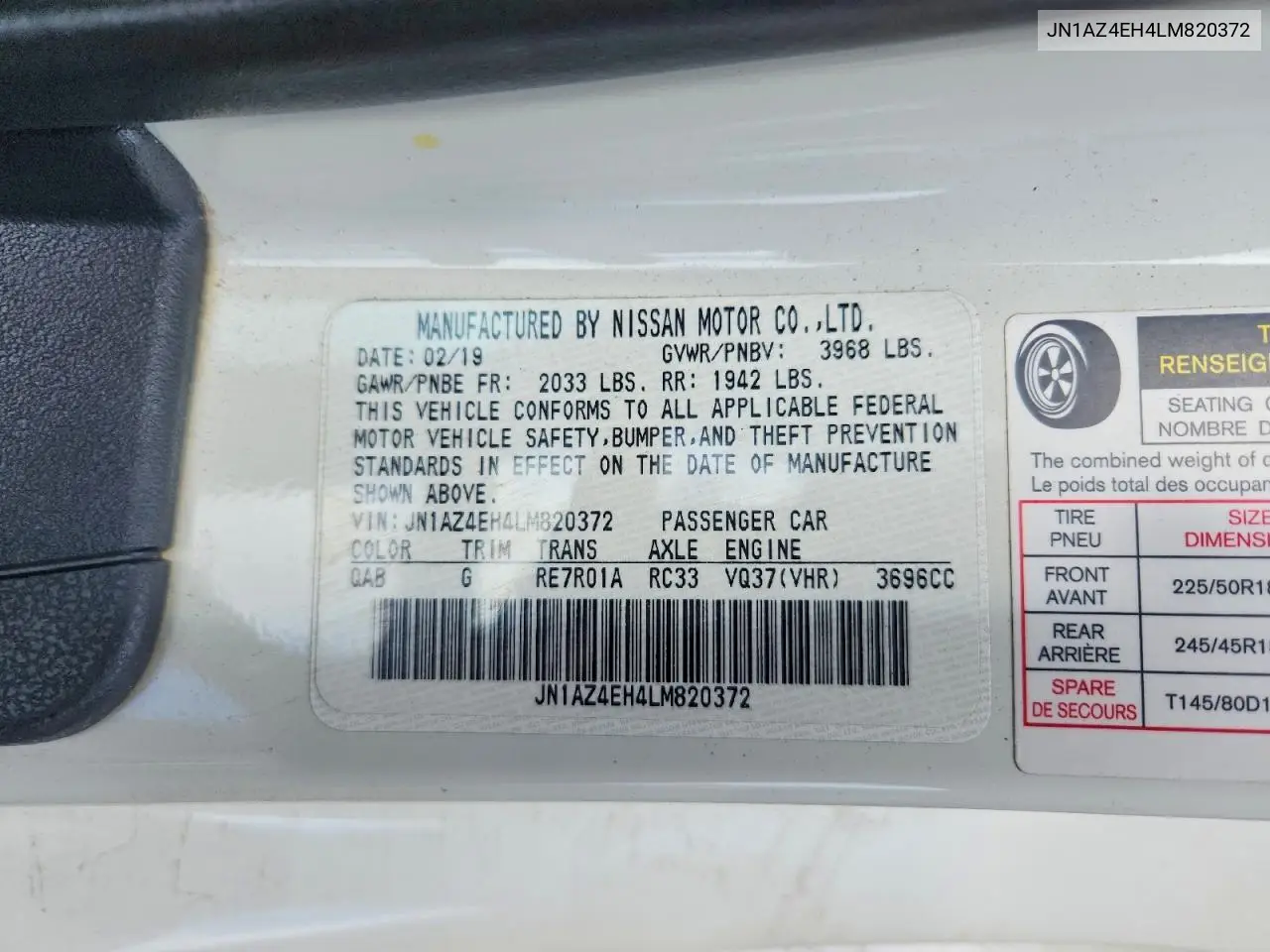 2020 Nissan 370Z Base VIN: JN1AZ4EH4LM820372 Lot: 58098596