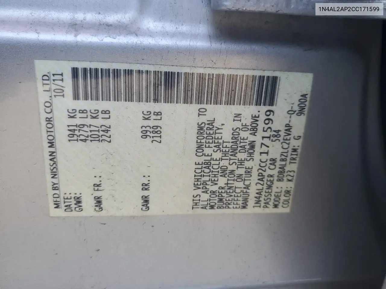1N4AL2AP2CC171599 2012 Nissan Altima Base