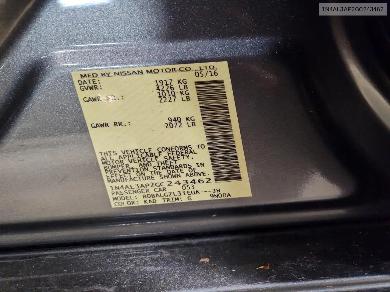 1N4AL3AP2GC243462 2016 Nissan Altima 2.5 S