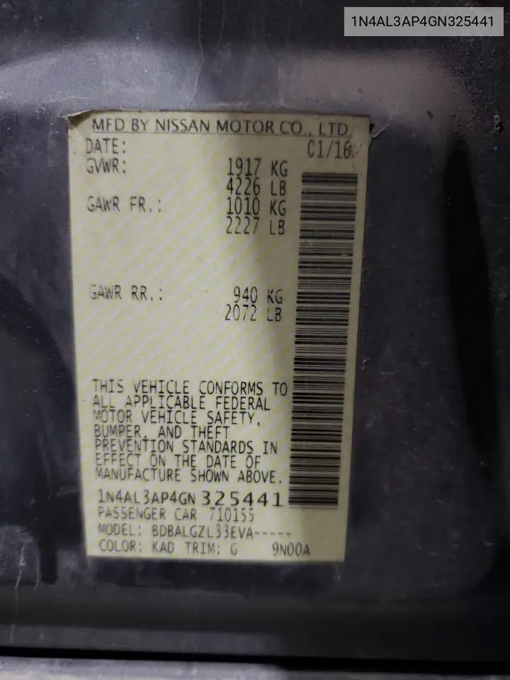 1N4AL3AP4GN325441 2016 Nissan Altima 2.5