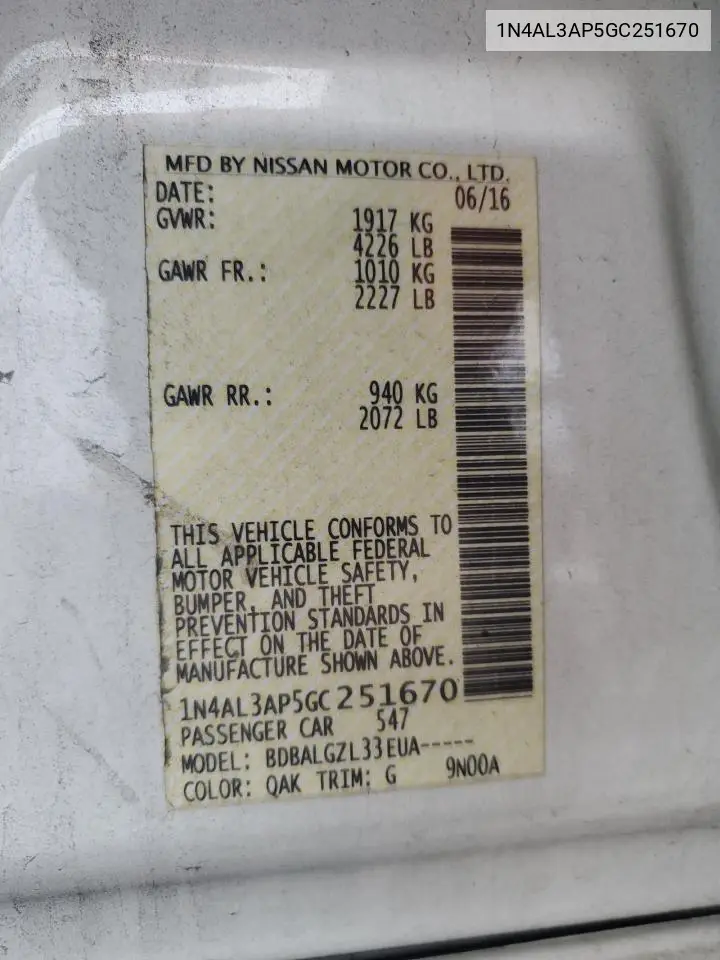 1N4AL3AP5GC251670 2016 Nissan Altima