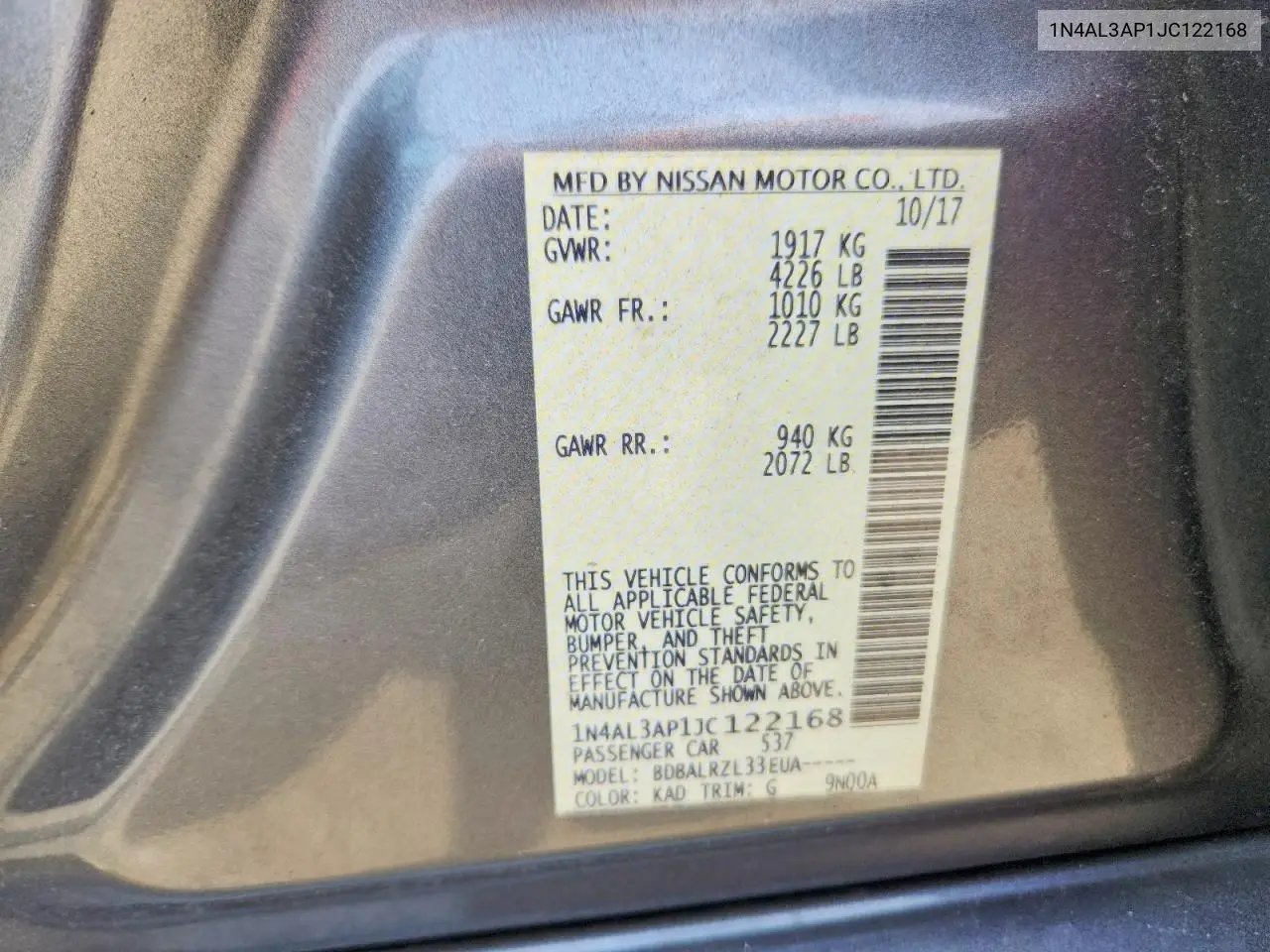 2018 Nissan Altima 2.5 Sl VIN: 1N4AL3AP1JC122168 Lot: 62016646