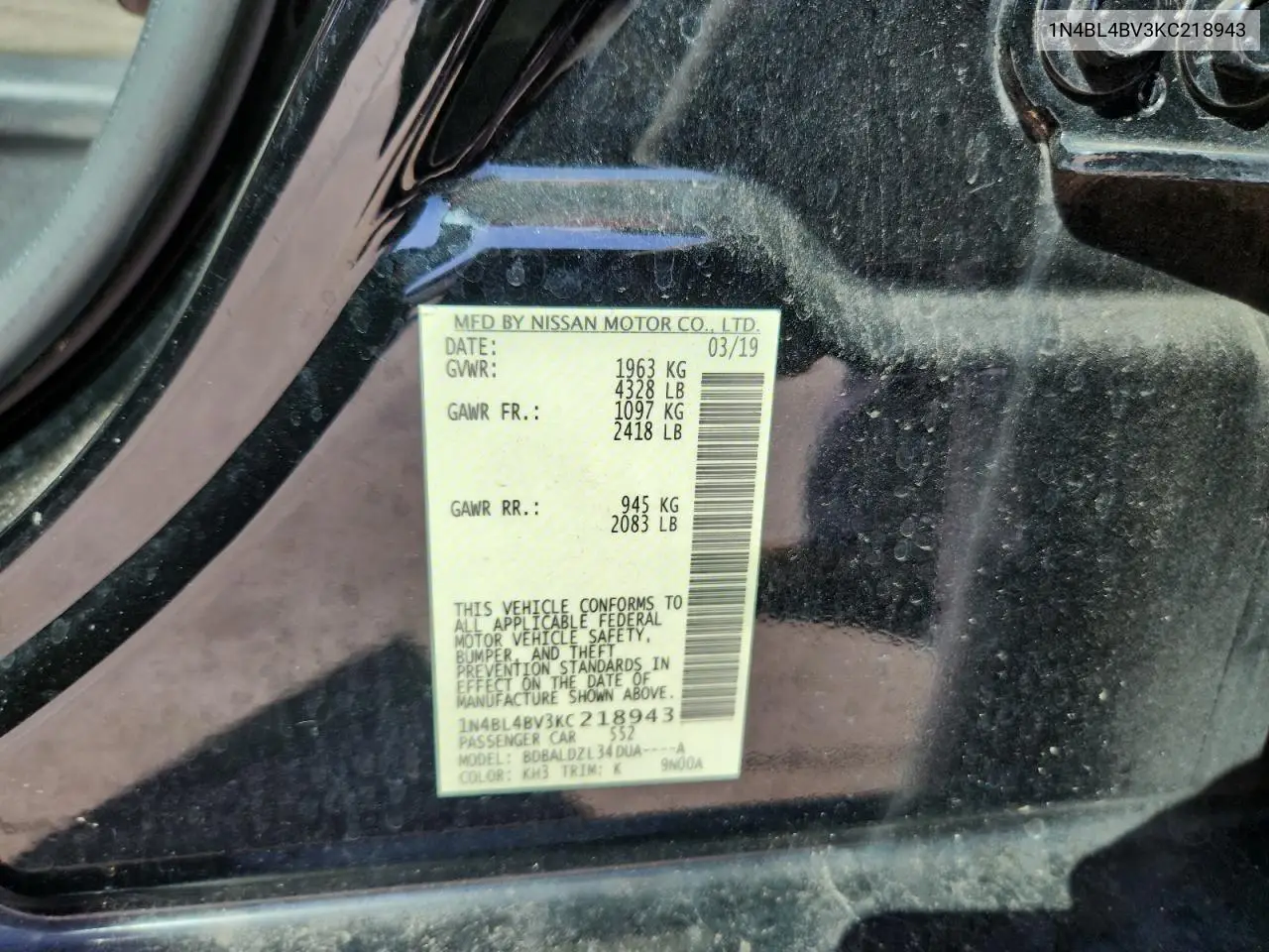 1N4BL4BV3KC218943 2019 Nissan Altima S