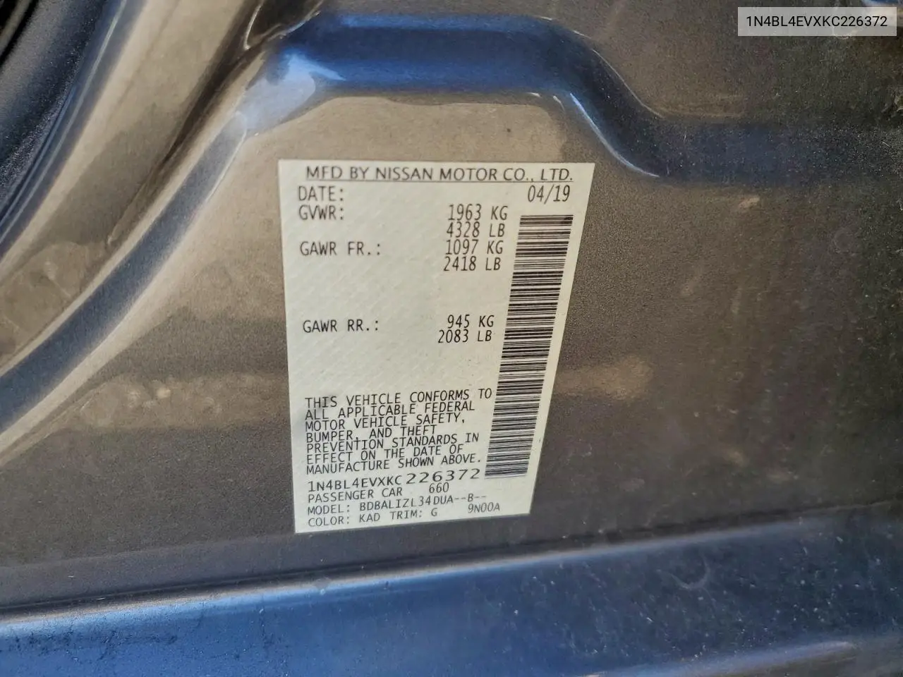 1N4BL4EVXKC226372 2019 Nissan Altima Sl