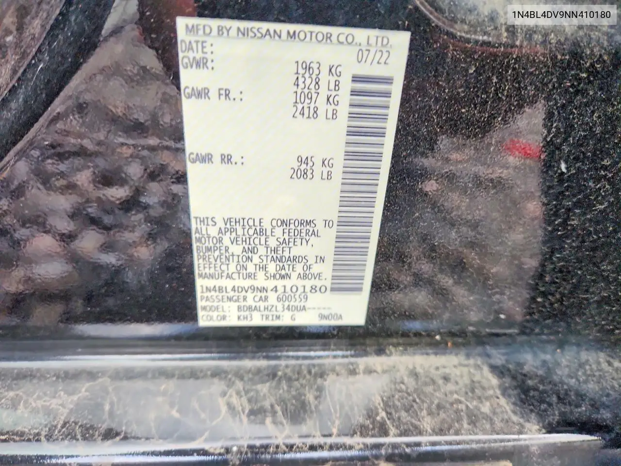 2022 Nissan Altima Sv VIN: 1N4BL4DV9NN410180 Lot: 60823716