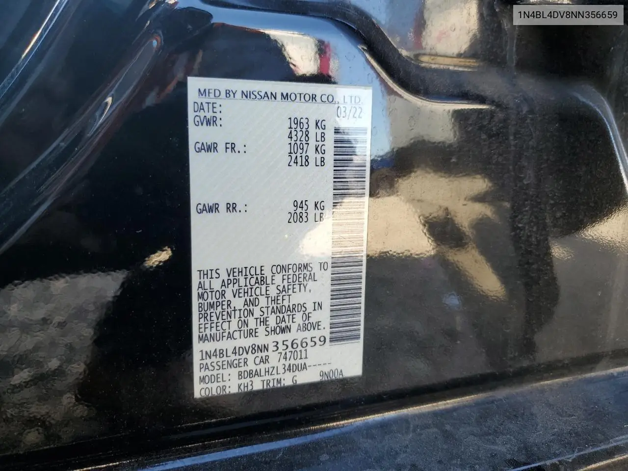 1N4BL4DV8NN356659 2022 Nissan Altima Sv