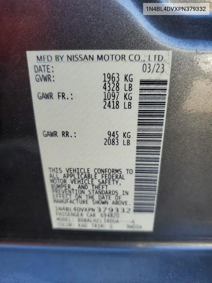 1N4BL4DVXPN379332 2023 Nissan Altima Sv