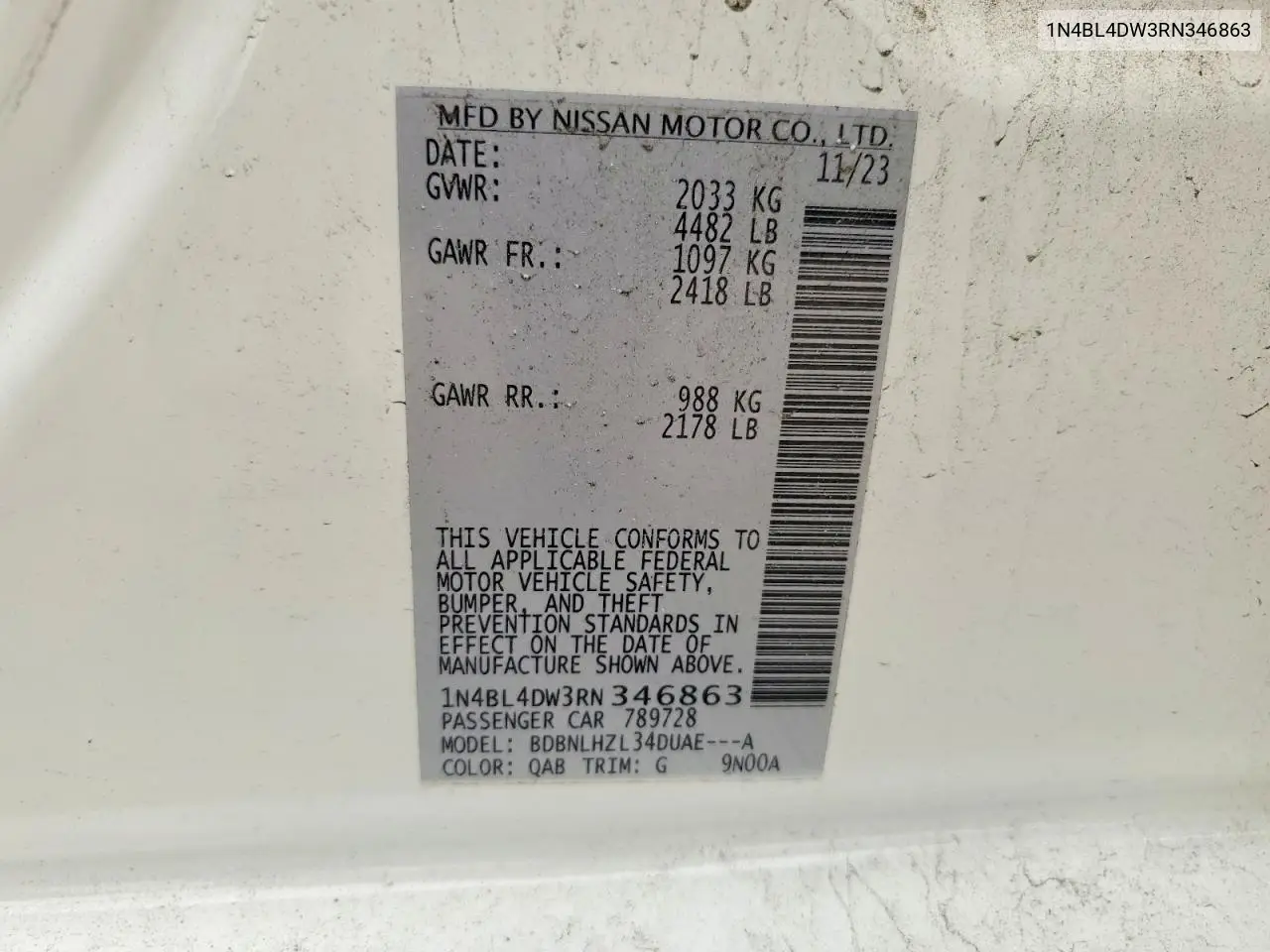 2024 Nissan Altima Sv VIN: 1N4BL4DW3RN346863 Lot: 60772586