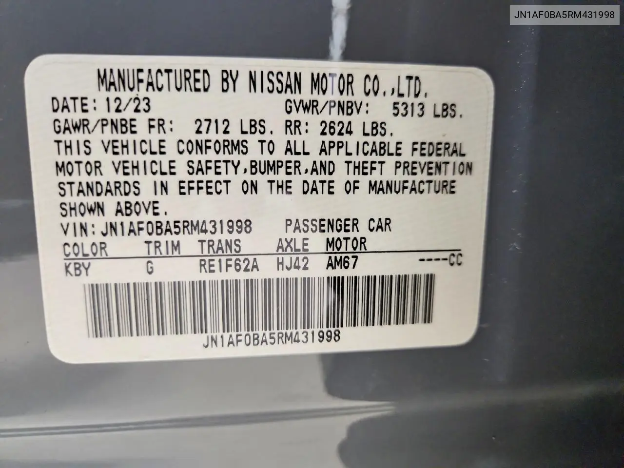 2024 Nissan Ariya Engage VIN: JN1AF0BA5RM431998 Lot: 57935216