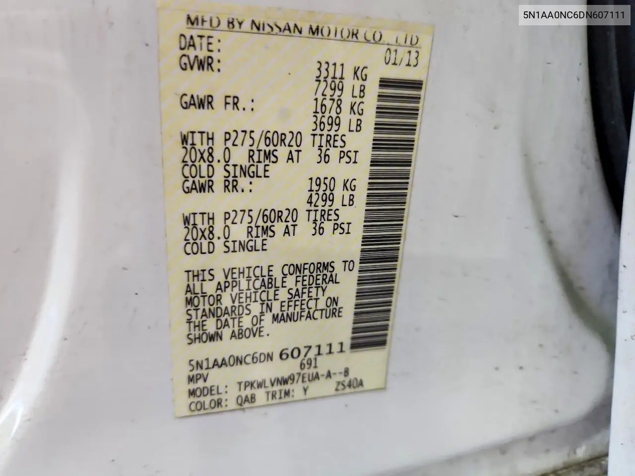 2013 Nissan Armada Sv VIN: 5N1AA0NC6DN607111 Lot: 60139226