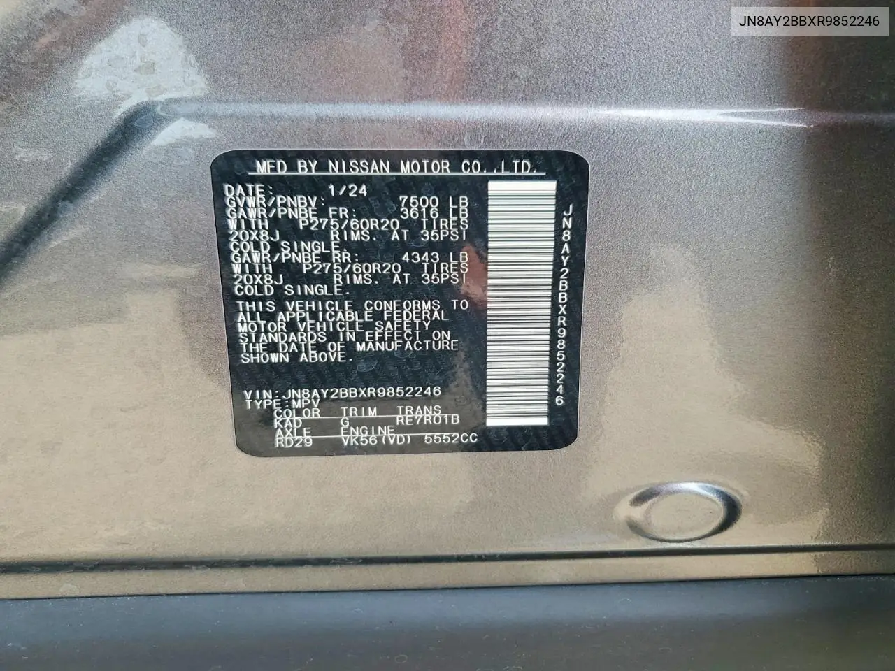 2024 Nissan Armada Sl VIN: JN8AY2BBXR9852246 Lot: 60392106