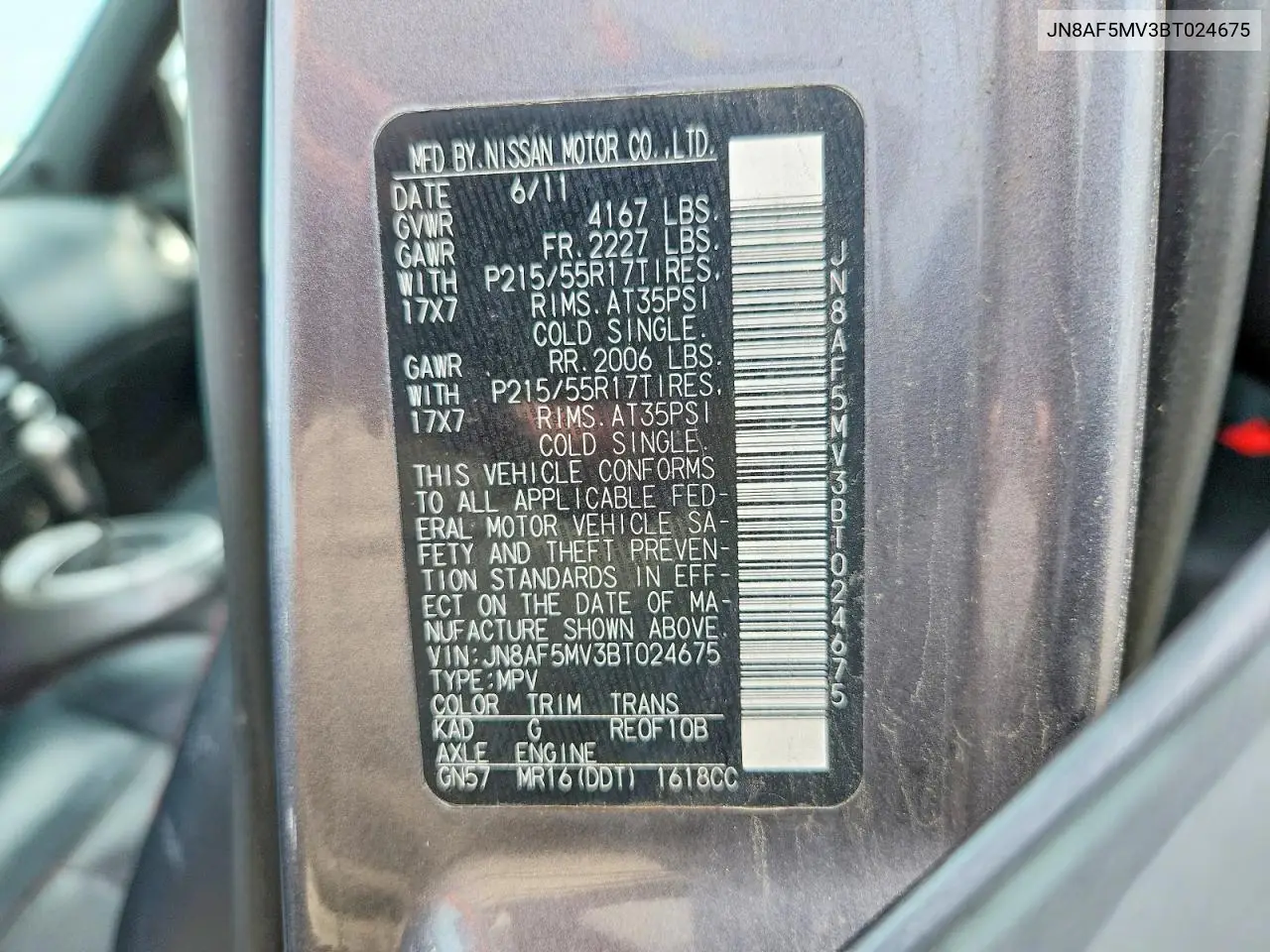 2011 Nissan Juke S VIN: JN8AF5MV3BT024675 Lot: 62035986