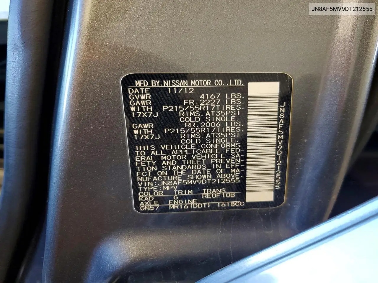 2013 Nissan Juke S VIN: JN8AF5MV9DT212555 Lot: 56787526