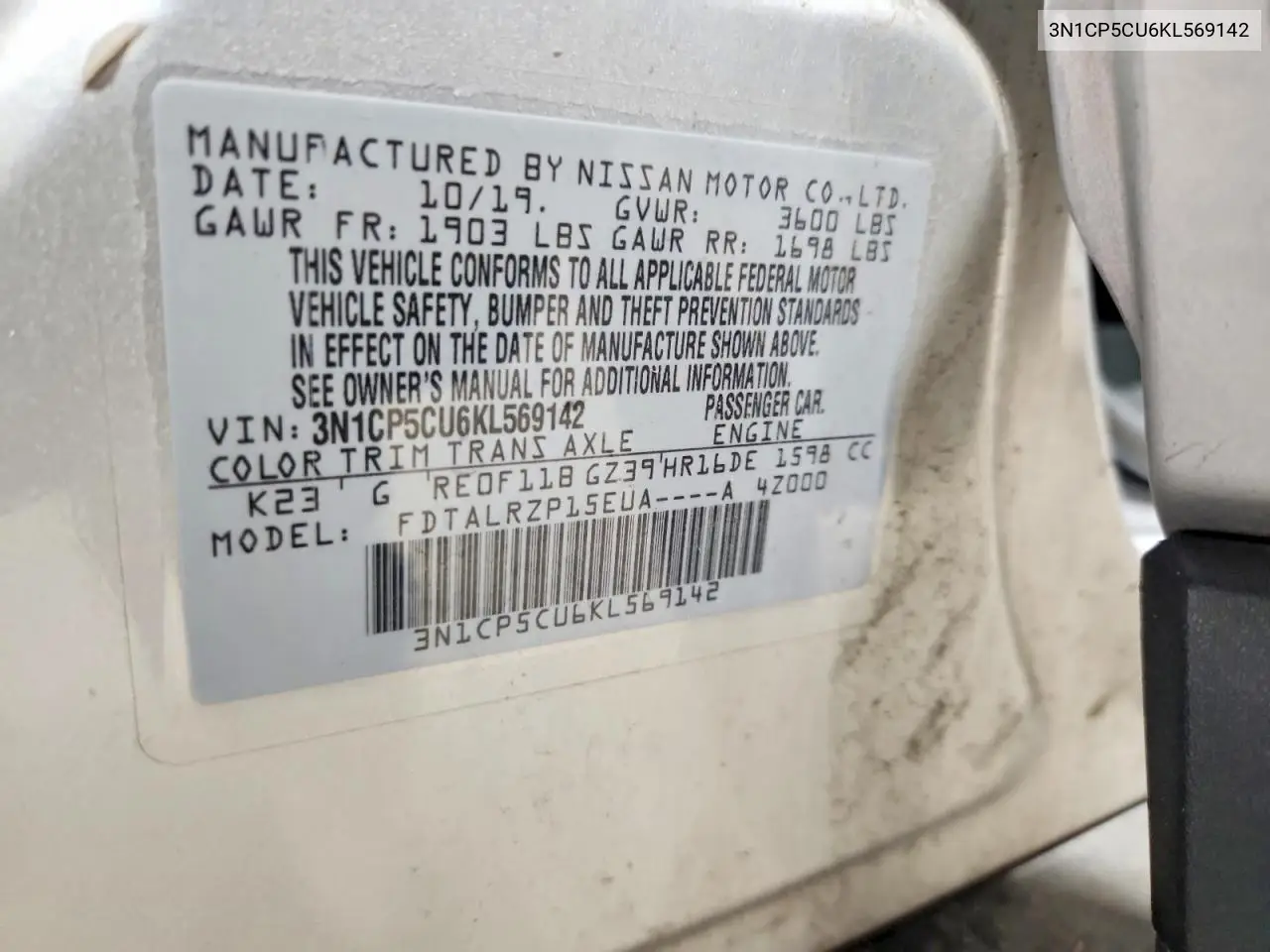 2019 Nissan Kicks S VIN: 3N1CP5CU6KL569142 Lot: 60455576
