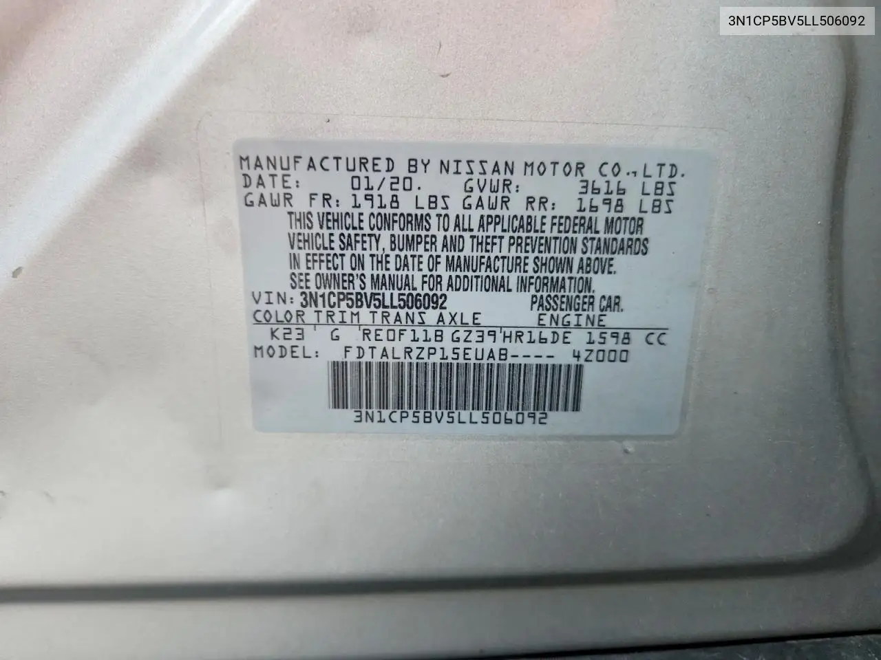 2020 Nissan Kicks S VIN: 3N1CP5BV5LL506092 Lot: 61163646