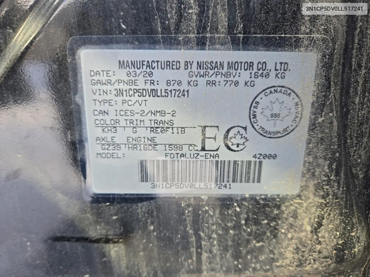 3N1CP5DV0LL517241 2020 Nissan Kicks Sr