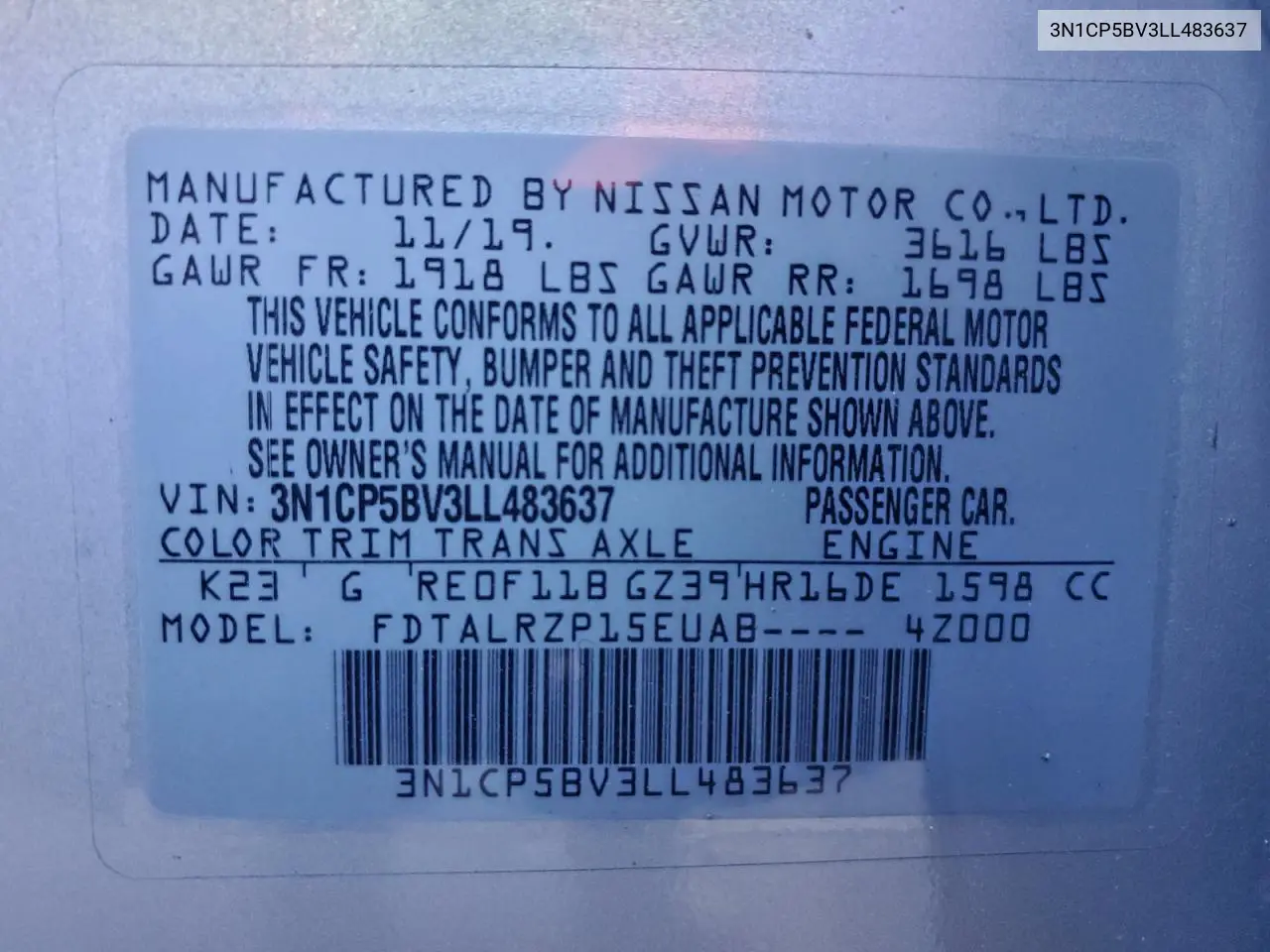 3N1CP5BV3LL483637 2020 Nissan Kicks S