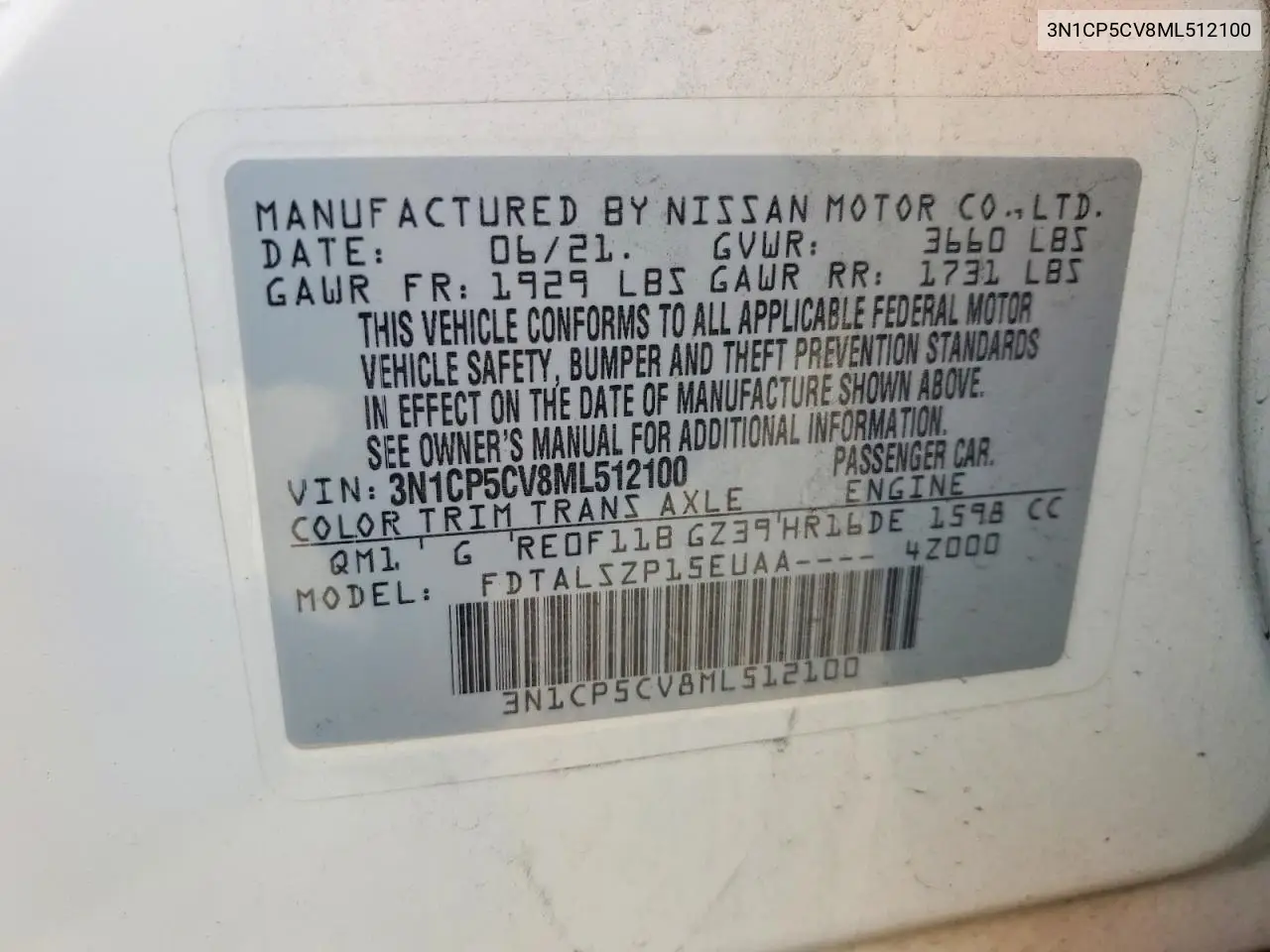 2021 Nissan Kicks Sv VIN: 3N1CP5CV8ML512100 Lot: 58994126