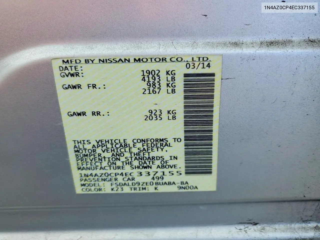 2014 Nissan Leaf Sv VIN: 1N4AZ0CP4EC337155 Lot: 57037756