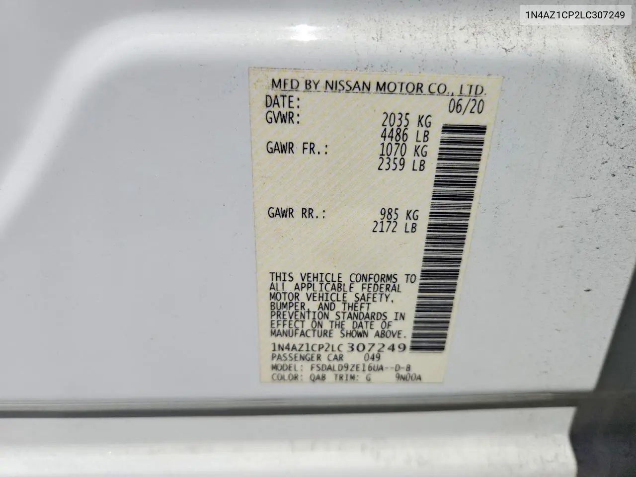 2020 Nissan Leaf Sv VIN: 1N4AZ1CP2LC307249 Lot: 58072186