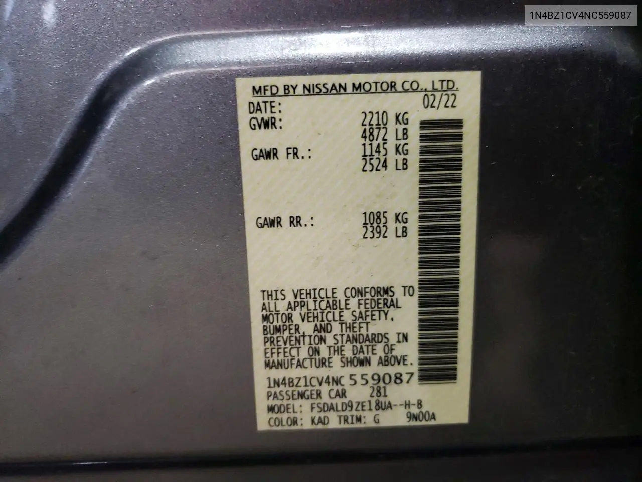 2022 Nissan Leaf Sv Plus VIN: 1N4BZ1CV4NC559087 Lot: 61557456