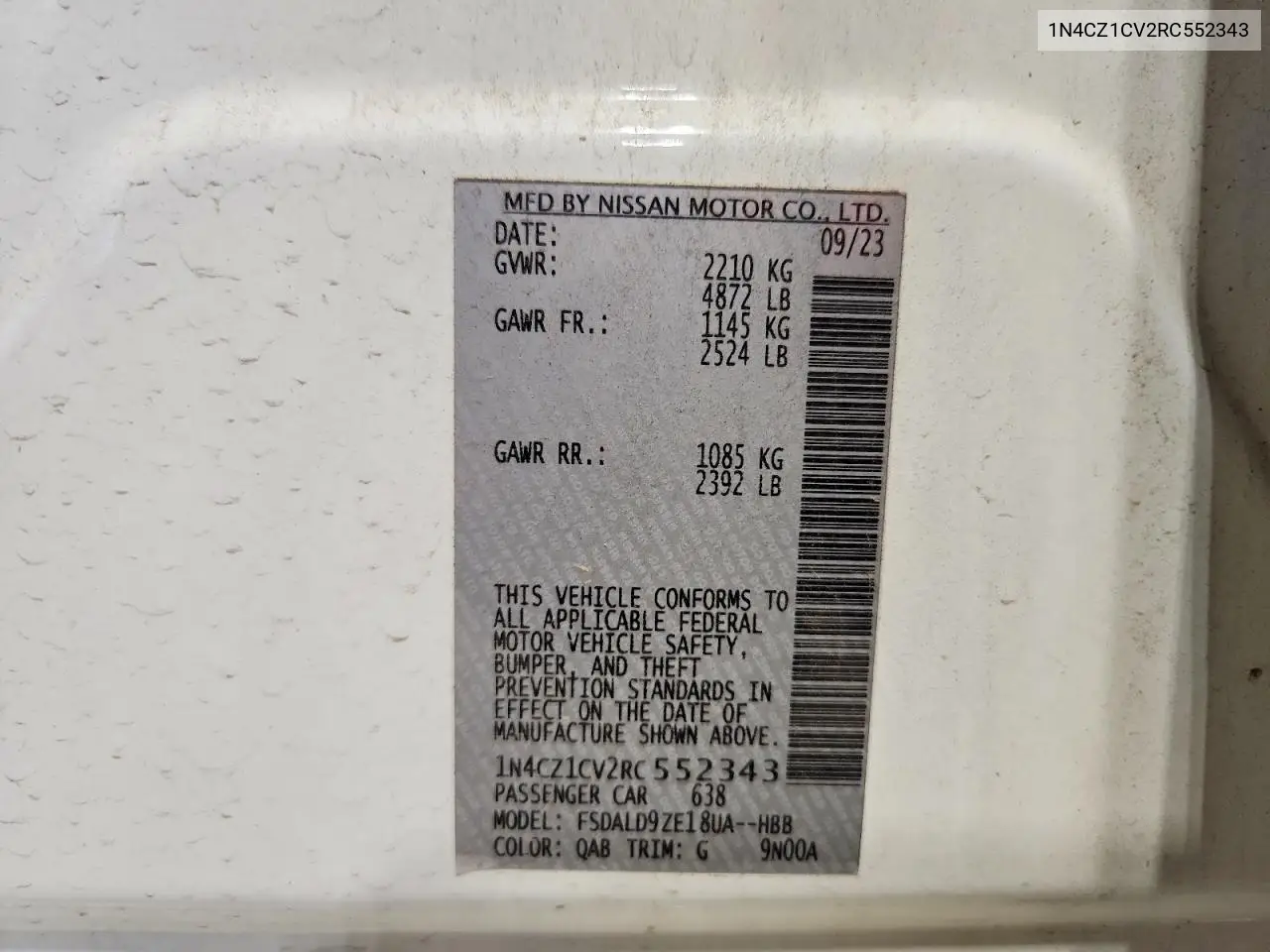 2024 Nissan Leaf Sv Plus VIN: 1N4CZ1CV2RC552343 Lot: 57231606
