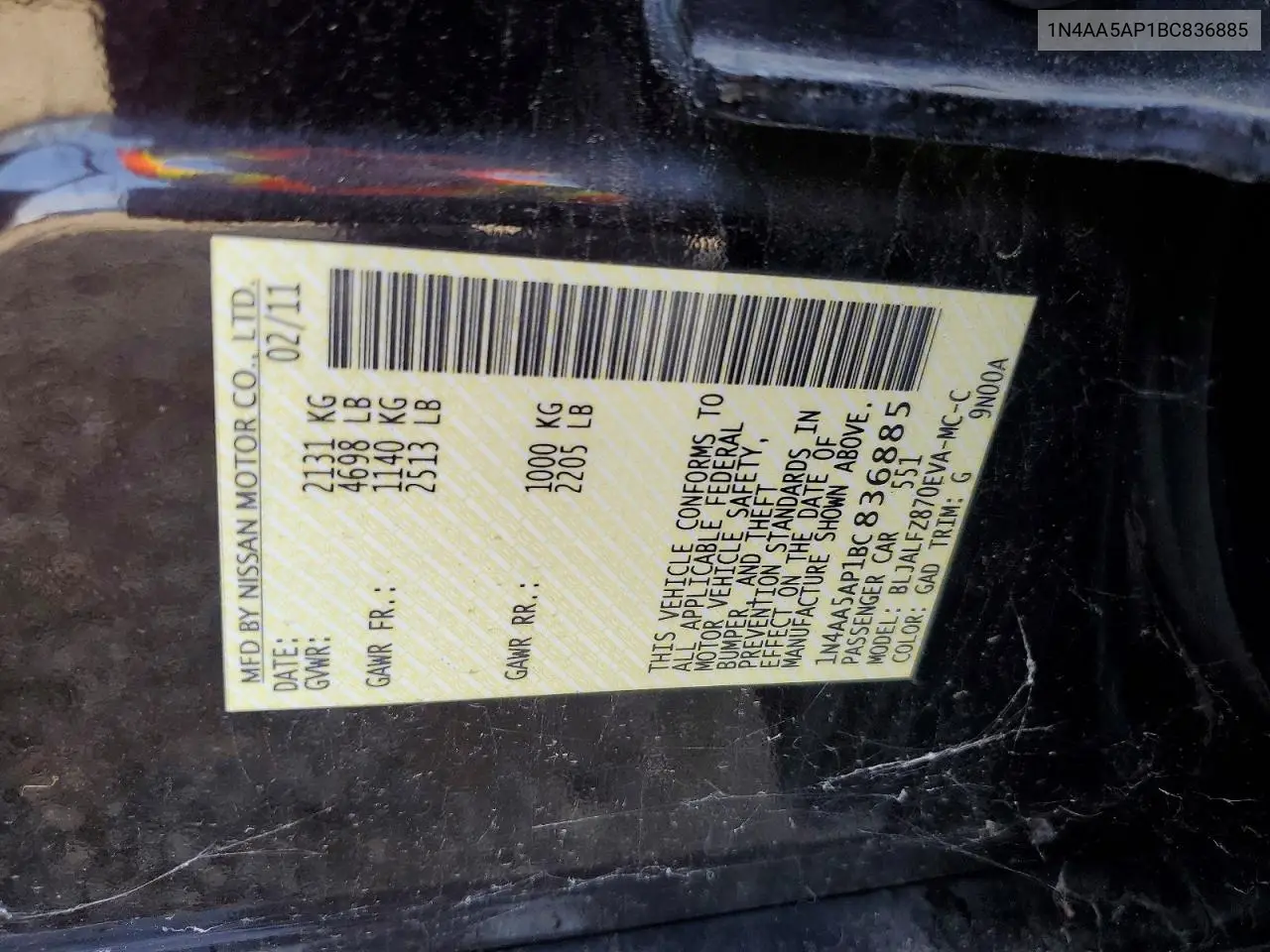 2012 Nissan Maxima VIN: 1N4AA5AP1BC836885 Lot: 61603876